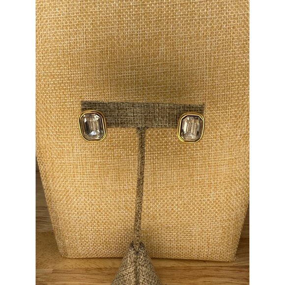 Givenchy Vintage Gold-Tone Crystal Stud Earrings Rectangular Clear Glass Rhinest - Picture 10 of 13